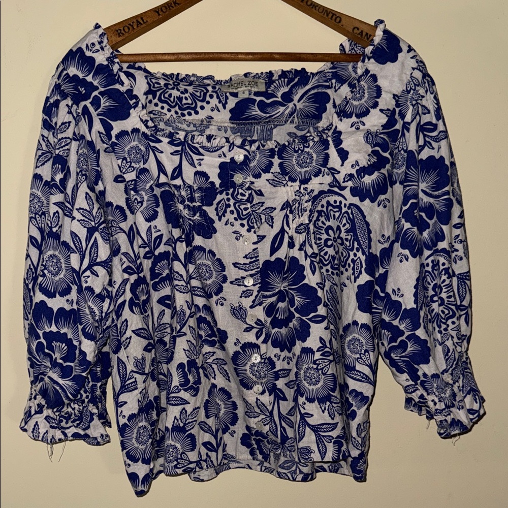 Rachel Zoe White and Blue Floral Blouse